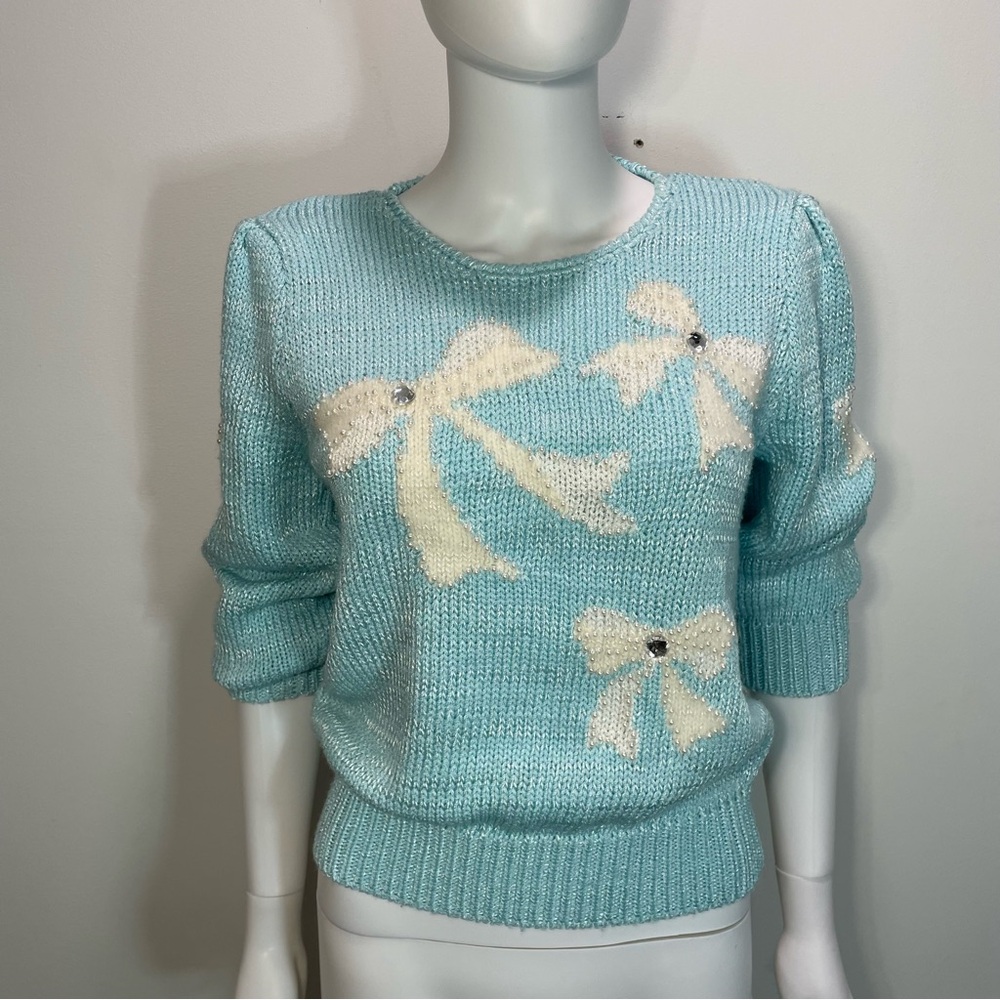 Vintage 80’ Light‎ Blue Knit Bow Pearl Rhinestone Sweater 3/4 Sleeves Size Small